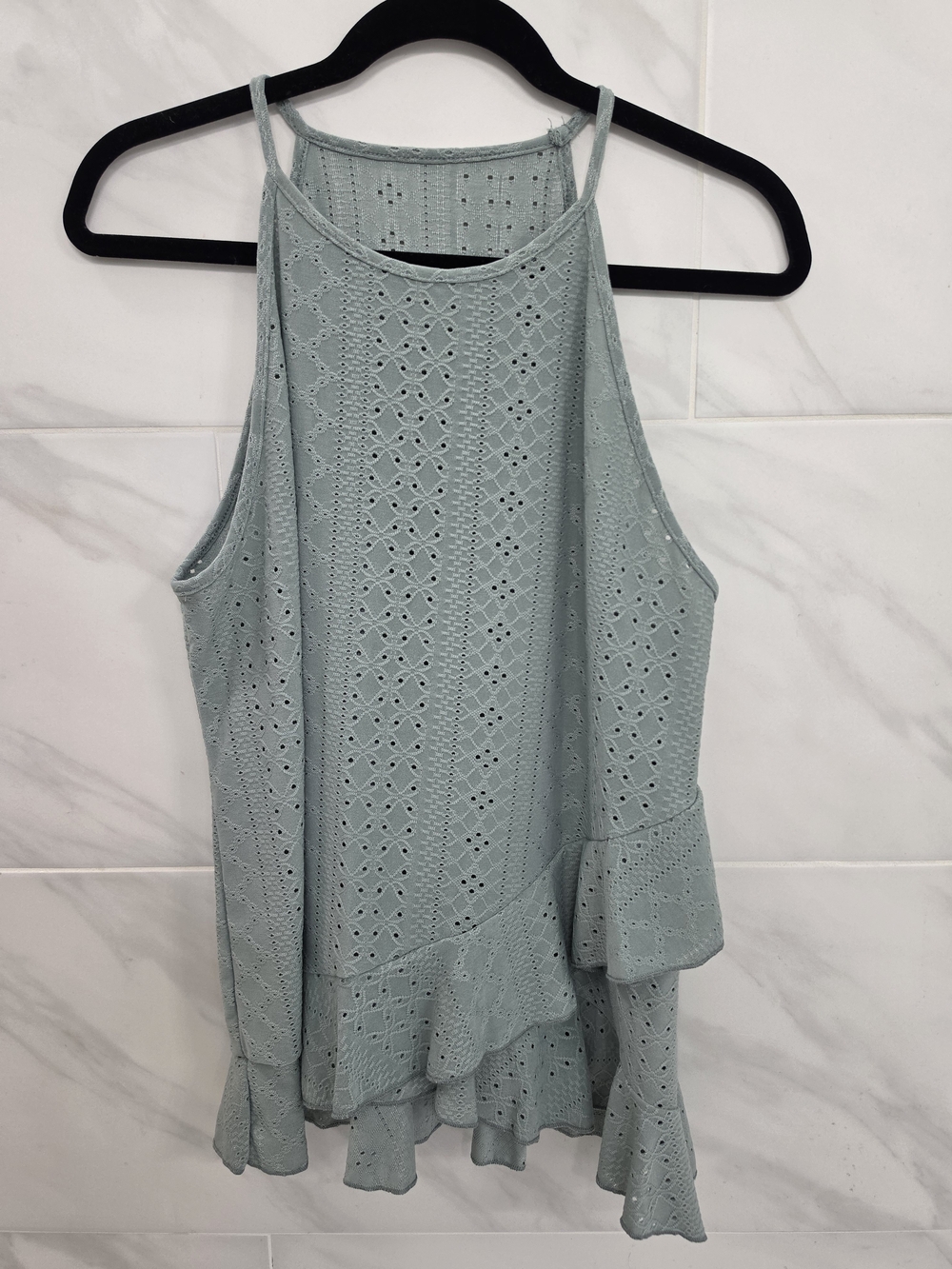 SHEIN Sage Eyelet Ruffle Halter Tank Top